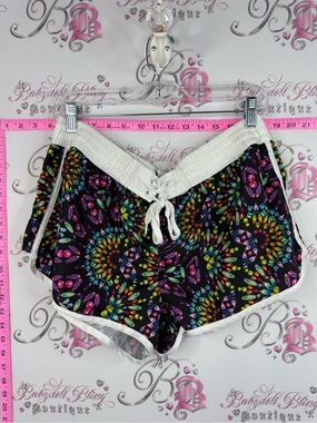 OP y2k shorts Black Shorts with Multicolor Gem Spiral Print and White Trim